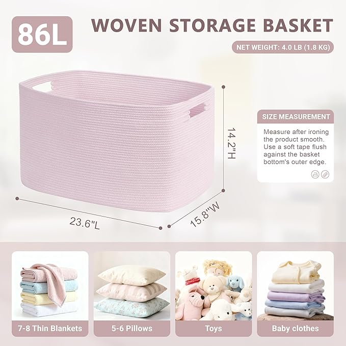 86L Large Baby Girls Laundry Basket for Nursery Storage,Cute Woven cotton Rope Baskets for Kids Toy,Gifts, Boho Square Wicker Blanket hamper for Living Room,Bedroom Dirty Clothes,Pink