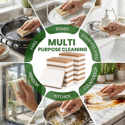 Metflavor Plant-Based Natural Kitchen Sponges,Biodegradable Non-Scratch Cellulose & Coconut Walnut Scrubber Sponge, Eco-Friendly & Sustainable (12 Pack)