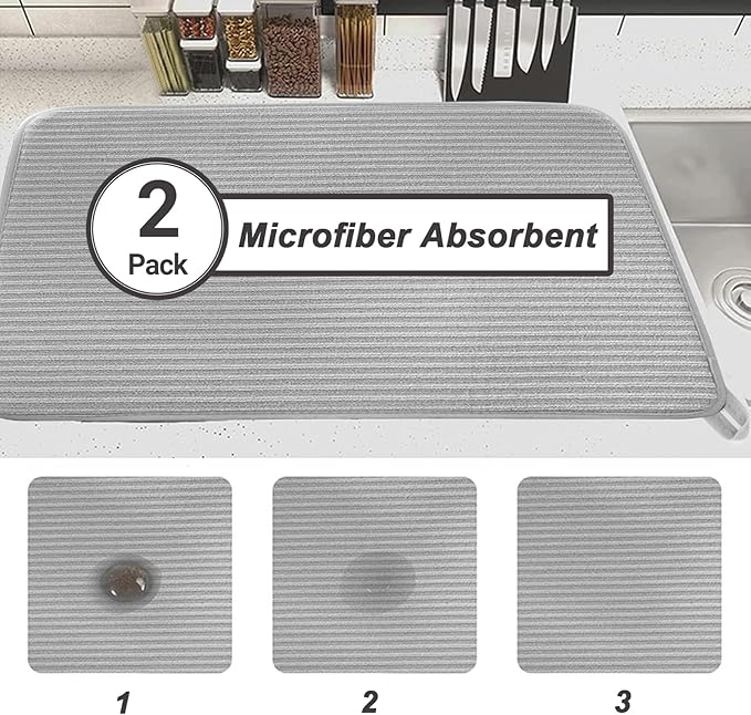 2 Pack Large Dish Drying Mat for Kitchen Counter,24*17 inch Microfiber Absorbent Dish Drainer,Large Size Dish Drying Pad for Countertops,Draining Racks,Sinks(Gray)