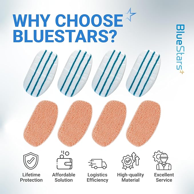 BlueStars 8 Pack Steam Mop Replacement Pads - Compatible with PurSteam ThermaPro 10-in-1 Steam Mop – 4 Microfiber Steam Scrub Pads & 4 Soft Cleaning Pads, Washable and Reusable Pads Replacement