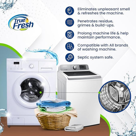 True Fresh Washing Machine Cleaner Descaler 15 Pack Tablets, Deep Cleaning Deodorizer for HE Front & Top Load Washers, Eliminates Odor Buildup Residue Grime, Cleans Drum Pump Valve Hoses Septic Safe