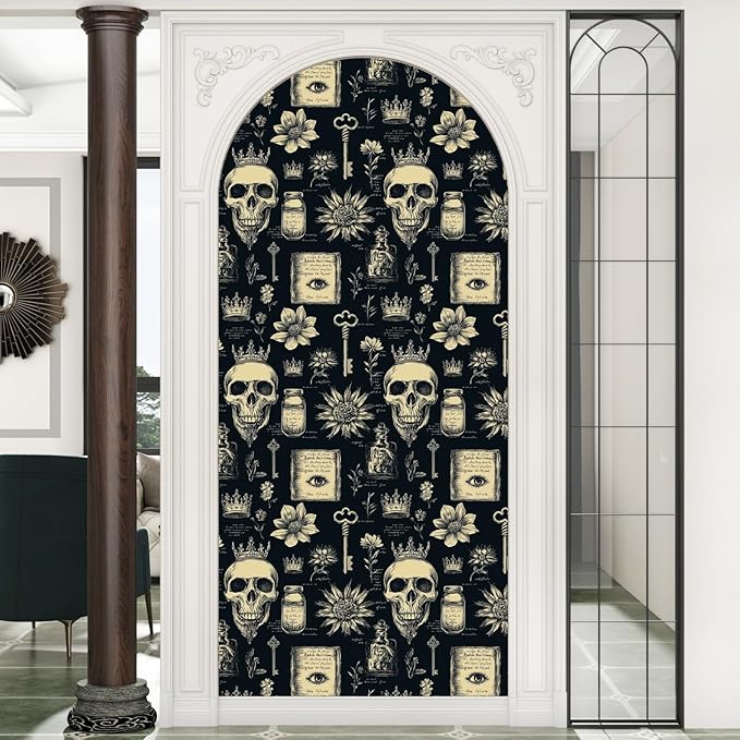 Skull Wallpaper Peel and Stick, Black Beige Witcher Gothic Contact Paper, Vintage Fancy Wall Paper Self Adhesive Removable Waterproof for Bathroom Bedroom Shelf Cabinet Drawer Table 17.5" x 118"