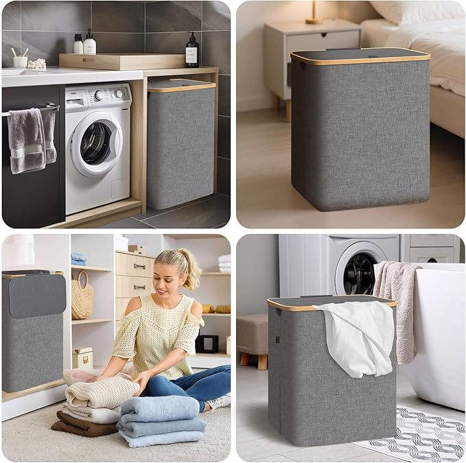 BALEINE Laundry Hamper with Lid, Tall Laundry Baskets with Bamboo Pull Handles, Large Laundry Bin with Internal Support (36 Gal/140L, Grey)