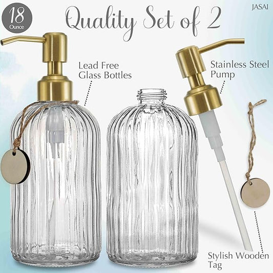 JASAI 2PACK 18Oz Fluted Glass Soap Dispenser with Golden Rust Proof Pump, Refillable Kitchen soap Dispenser with Vertical Stripe, Bathroom Soap Dispenser for Dispense Hand soap, Dish Soap, Lotion.