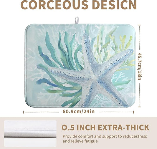 Summer Coastal Dish Drying Mats for Kitchen Counter Nautical Beach Starfish Coral Drying Pad Ocean Teal Blue Dish Draining Mats Absorbent Microfiber Dish Drainer Rack Mat Extra Large 18"x24"