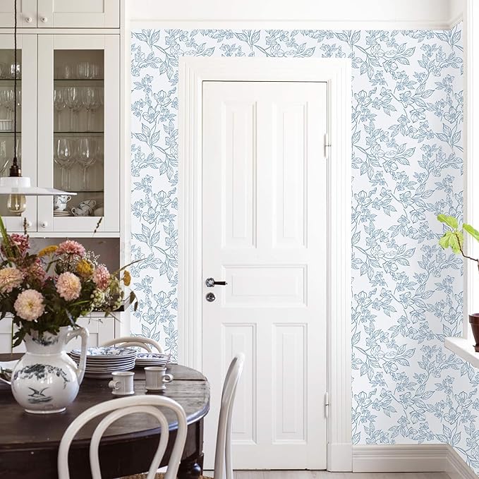 Ismoon Vintage Floral Peel and Stick Wallpaper White and Blue Wallpapaer Contact Paper Thicken Removable Textured Self Adhesive Wall Paper for Bedroom 17.3x393in