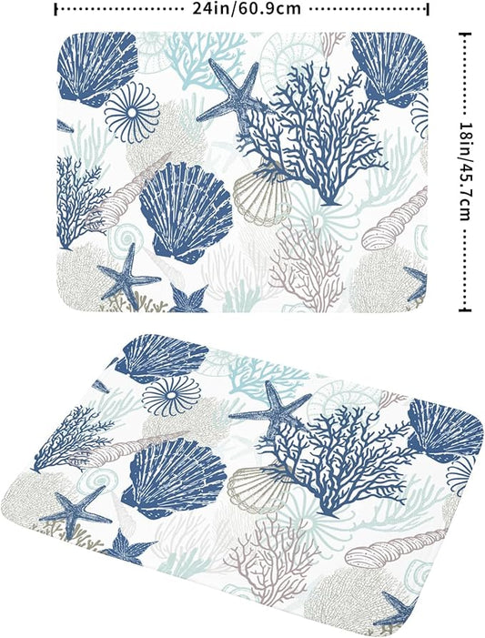 Summer Navy Blue Dish Drying Mat for Kitchen Counter 18×24 Inch Coral Drainer Pad Washable Starfish Dish Rack Pad Drainer Mat Beach Absorbent Reversible Microfiber Dish Drying Pad for Coffee Bar