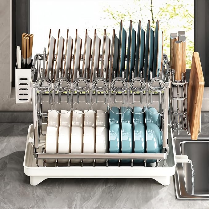 TarnorLe Double Layer Dish Drying Rack, Storage Super Large Bowl Dish Rack, Multifunctional Kitchen Countertop with Drain Pan, 304 Stainless Steel Kitchen Drying Rack, Tableware, Glass Drying Rack