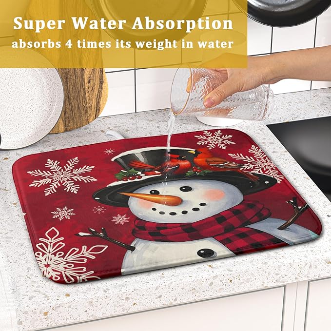 Christmas Snowman Dish Drying Mat for Kitchen Counter 16x18 Xmas Snowflake Winter Holiday Dark Red Absorbent Reversible Microfiber Drying Mats Kitchen Countertop Protector Dishes Drainer Rack Pad