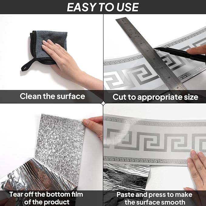 Peel and Stick Wallpaper Borders, Waterproof Self-Adhesive PVC Foam Wall Base for Kitchen Living Room Bedroom Bathroom, 3.93 Inch x 16.4 Ft (Silver)
