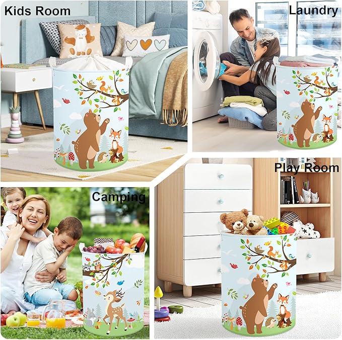 Forest Animals Laundry Hamper Woodland Tree Large Storage Basket Parents Organizer Kids Clothes Toy Bins for Bedroom, Bathroom, Hedgehog, 63L