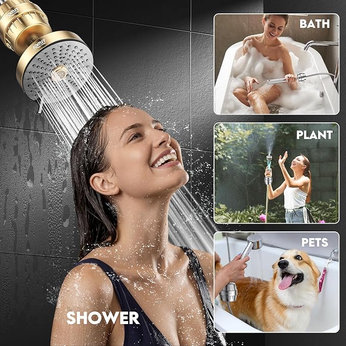 Filtered Shower Head COMBO – for Healthier Skin & Hair | 3 Mode High Pressure Shower Heads with 25-Stage Filtration | Removes 99.947% Chlorine & Heavy Metals | Shower Head ith Filters Set- Golden