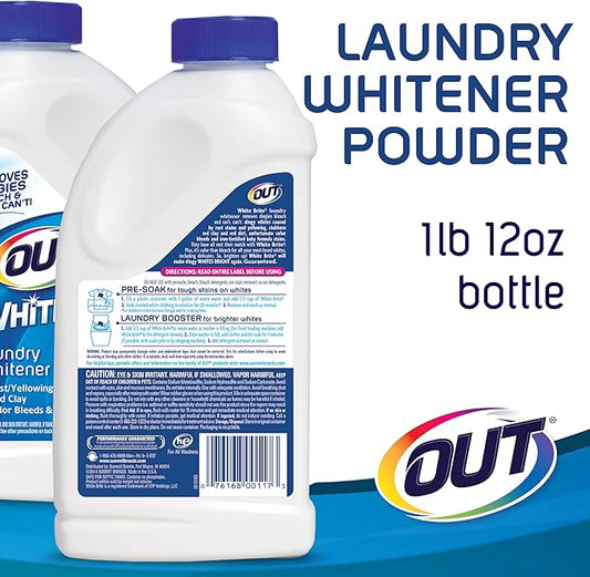 OUT White Brite Laundry Whitener Powder, Stain Remover Detergent Booster for Clothes, Removes Red Clay and Rust Stains on White Clothing and Uniforms, 1 Pound 12 Ounce, Pack of 6