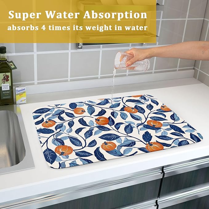 Autumn Pumpkin Dish Drying Mat for Kitchen Counter 18x24 Inch Blue and Orange Fall Thanksgiving Leaf Absorbent Reversible Microfiber Dish Drainer Rack Mats Countertops Protector Mat