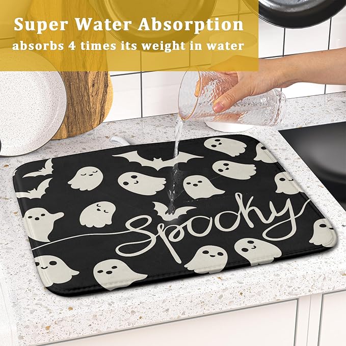 Halloween Dish Drying Mat for Kitchen Counter 16x18 Cute Ghost Black Spooky Holiday Scary Theme Absorbent Reversible Microfiber Drying Mats Kitchen Countertop Protector Dishes Drainer Pad