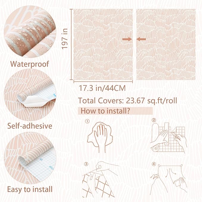 Guvana Pink Wallpaper Peel and Stick Modern Light Pink and White Contact Paper Boho Striped Wall Paper Self Adhesive Waterproof Wallpaper for Bedroom Bathroom Accent Wall Decor Vinyl Roll 17.3"×197"