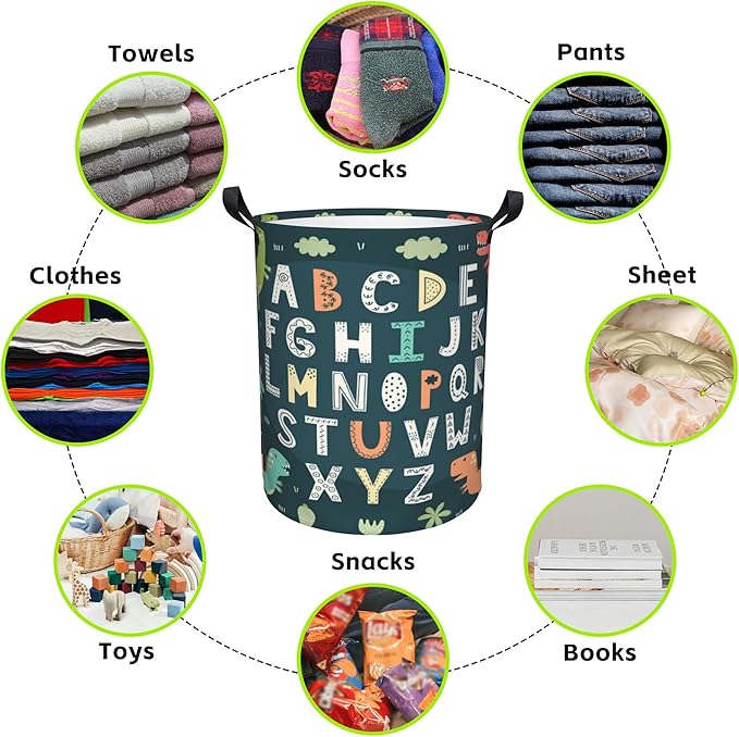 Laundry Basket Funny Alphabet with Cute Dinosaurs Laundry Basket Oxford Cloth Laundry Hamper Large Storage Baskets Toy Organizer Tote Bag For Bedroom Clothes Bathroom 17.3(H) x16.5(D) Inch