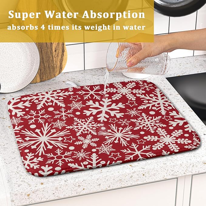 Christmas Dish Drying Mat for Kitchen Counter 16x18 Dark Red Snowflake Winter Xmas Holiday Absorbent Reversible Microfiber Drying Mats Kitchen Countertop Protector Dishes Drainer Pad
