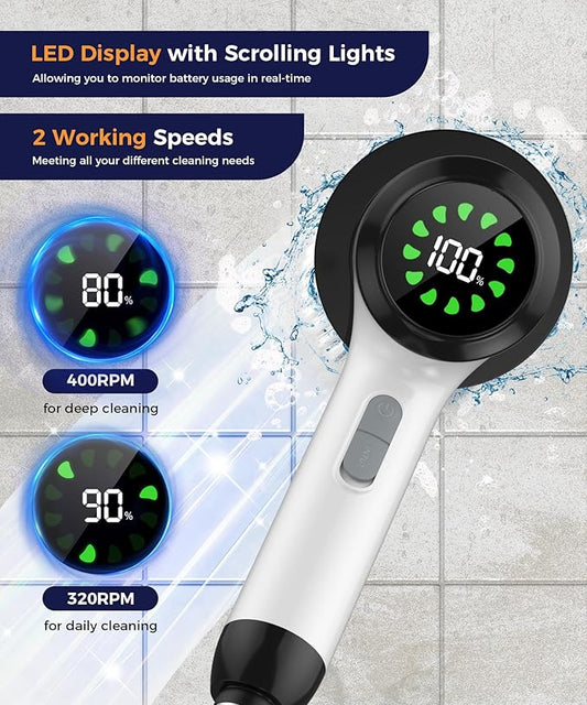 Electric Spin Scrubber, Cordless Cleaning Brush with 7 Replaceable Brush Heads, 2-Speed Adjustable Handle Shower Scrubber, IPX7 Waterproof for Bathroom, Tub, Tile & Floor, Teens, White-qb1