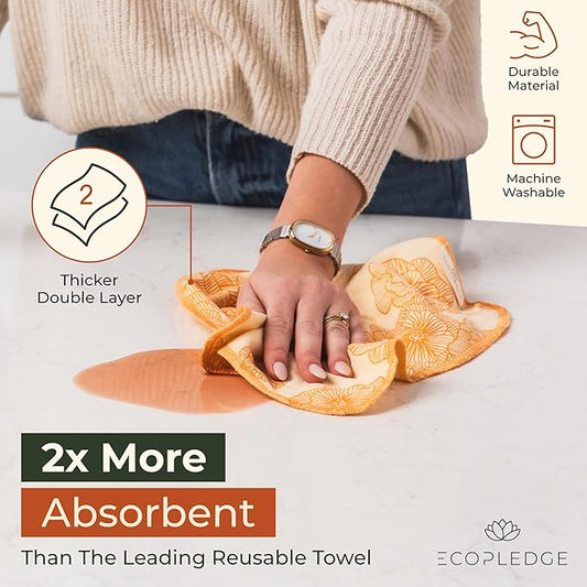 Reusable Paper Towels Washable Roll - Thick 12-pc Two Layered Ultra Absorbent Paperless Certified Organic Cotton Towels - Large Cloth Kitchen Paper Towel with Hanging Loop