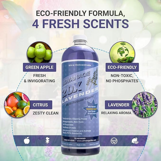 All Purpose Cleaner Concentrate - Advanage 20X The Wonder Cleaner Lavender for All Surfaces Around Bathroom, Kitchen, Oil and Grease, Multi Purpose Cleaner for Household Cleaning Solution | 32 FlOz