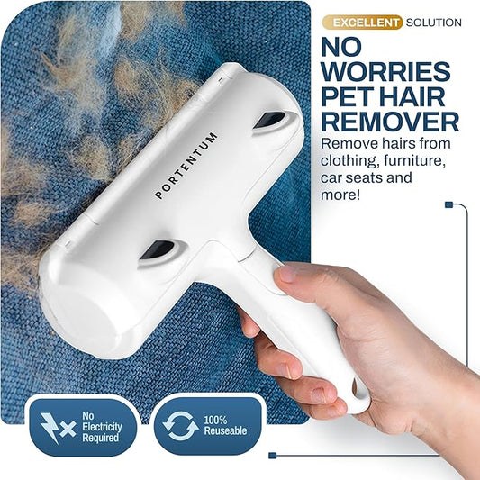 PORTENTUM Pet Hair Remover Roller, Reusable Animal Hair Removal Brush for Dogs and Cats, Easy to Clean Fixed Areas Pet Fur from Carpet, Furniture, Rugs, Stairs, Bedding and Sofa