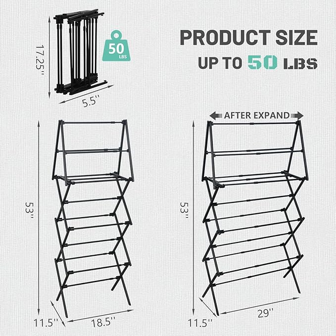4 Tier Clothes Drying Rack Foldable | Foldable Clothing Drying Rack | Laundry Drying Rack Collapsible for Laundry Room, Dorm, Expandable Sturdy Metal Design | Black 29"L x 11.5"W x 53"H