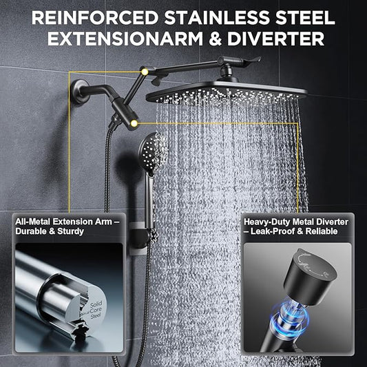 Veken 11.8" Rain Shower Head with Handheld, Family's Choice Award, High Pressure Handheld Shower Heads with Multi Spray Modes, Rainfall Combo with Extension Arm,Detachable Dual Shower, Matte Black