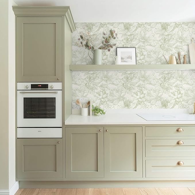 Ismoon Vintage Floral Wallpaper Peel and Stick Beige and Green Contact Paper 17.3inx16.3ft Removable Self Adhesive Wall Paper for Bathroom Bedroom Cabinet Mural Wall Decor Vinyl Renter Friendly
