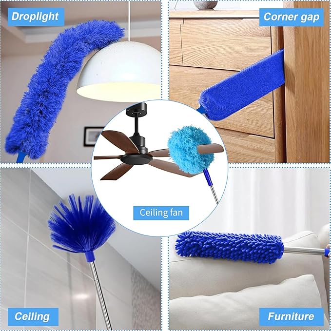 6-in-1 Duster for Cleaning Kit, Extendable Duster with Stainless Steel Pole - Microfiber, Ceiling Fan Cleaner Dusters and Chenille Dusters, Bendable Cobweb Removers for High Ceilings, Fans, Blinds