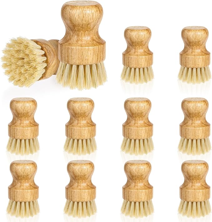 12 Packs Bamboo Dish Scrub Brush Wooden Washing Scrubbers with Sisal Bristles Kitchen Palm Pot Brush Round Mini Dish Brushes for Household Iron Pot Pan Sink Sink Vegetables Cleaning