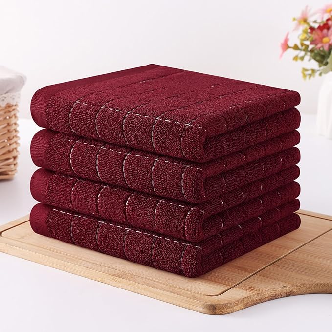 Homaxy 100% Cotton Terry Kitchen Towels(Brick Red, 13 x 28 inches), Checkered Designed, Soft and Super Absorbent Dish Towels, 8 Pack