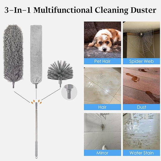 Cobweb Duster with Extension Pole, Washable Cleaning Microfiber Feather Duster 5-in-1 Kit with 3 Duster Heads, 100'' Bendable Extendable Long Duster for High Ceilings, Fans, Blinds, Furniture & Car