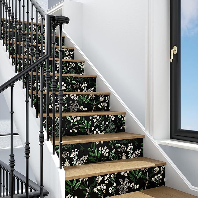 Laatse Dark Floral Wallpaper Peel and Stick Green Leaf Wallpaper Vintage Flowers Contact Paper Waterproof Self Adhesive Boho Delicate Wall Paper for Cabinet Kitchen Walls Locker 17.5in x32.8ft
