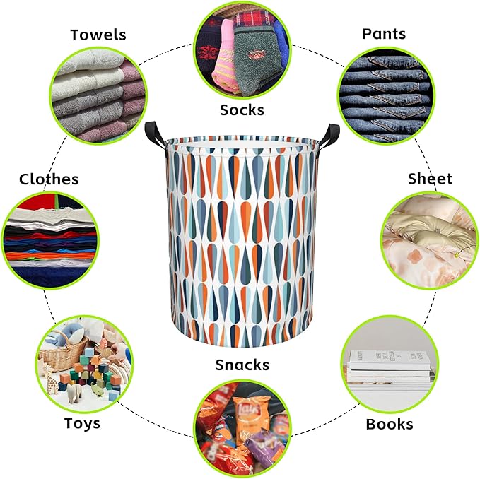 Mid-Century Modern Laundry Basket Foldable Laundry Hamper Waterproof Oxford Cloth Large Laundry Basket Clothes Storage Bucket Toy Organizer For Bathroom, Laundry, College 17.3 x16.5 Inch