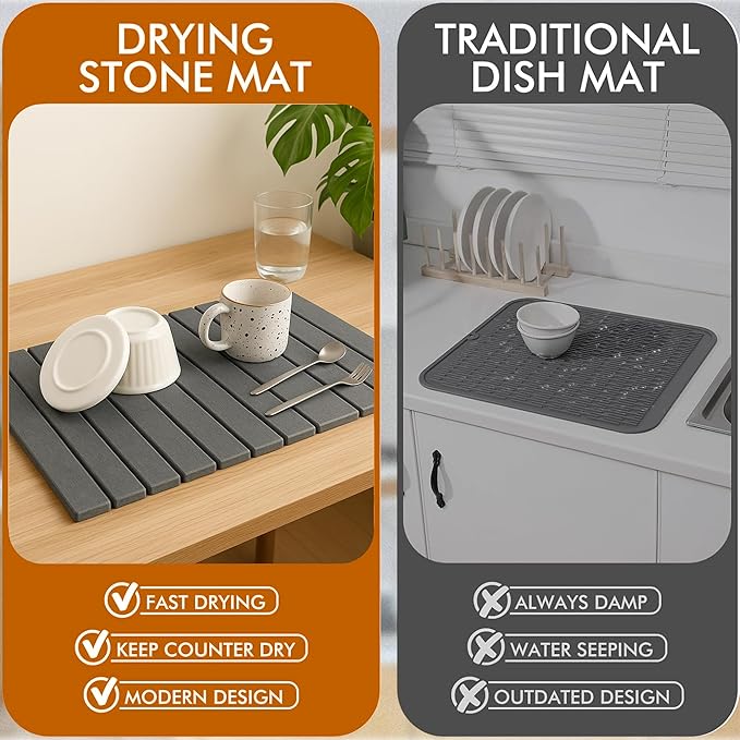 Large Stone Dish Drying Mat for Kitchen Counter, Instant Drying Pad, Super Absorbent Foldable Dish Drying Mat, 24"Γ16", Dark Gray