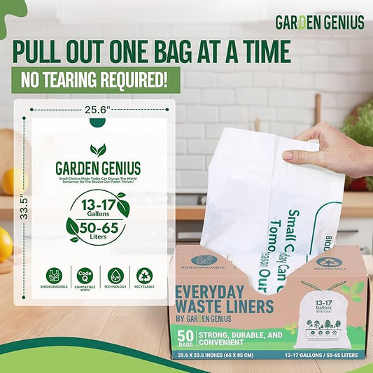 Biodegradable 13-17 Gallon Code-Q Trash Bags (50 Pack) | Strong Heavy-Duty Tall White Kitchen Bags w/Drawstring | Fits Simplehuman & Standard Cans | Eco-Friendly D2W, 30 Micron Thick | 25.6" x 33.5"