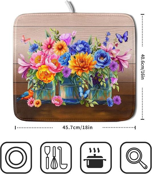 Colorful Flowers Dish Drying Mat for Kitchen Counter 16x18in Spring Flower Vases Dish Mat Drying Kitchen Mat Absorbent Microfiber Dish Drainer Rack Mats Botanical Floral Dishes Pad for Countertops