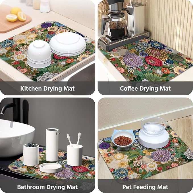 Dish Drying Mat for Kitchen Counter 16x18 Inch, Super Absorbent Dish Drainer Mat, Decorative Microfiber Dishes Drying Pad-Small(Luxurious flowers)