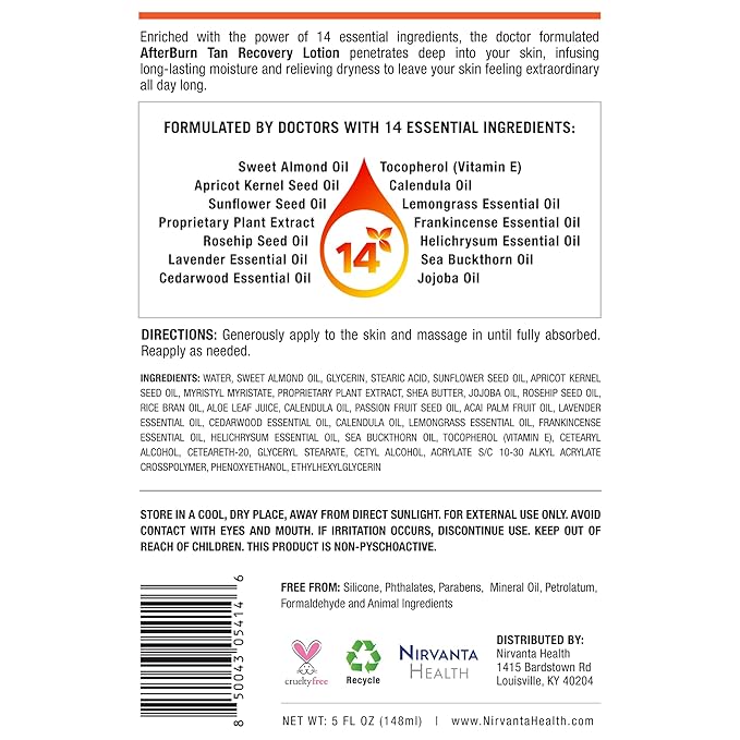 Nirvanta All-in-One AfterBurn Tan Recovery Lotion – Doctor-Formulated Aftersun Lotion w/Natural Ingredients & 14 Essential Oils for All Ages – After Sun Care for Deep Hydration & Peeling Minimization