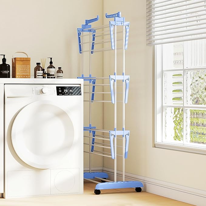 HOMCOM Folding Clothes Airer on Wheels Steel Frame Interior and Exterior Side Wings 3 Levels 73 x 64 x 177 cm Blue Silver