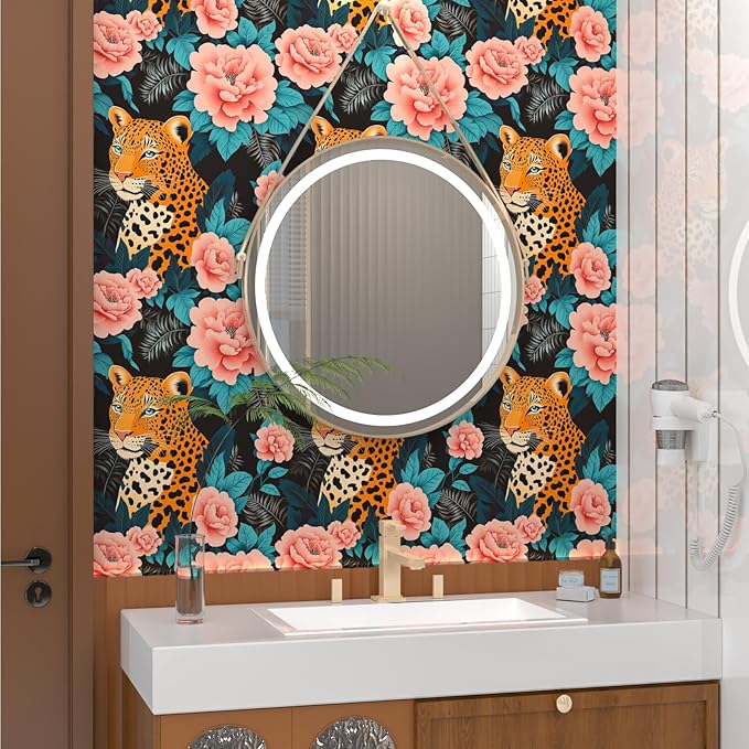 Fvlow Pink Floral Wallpaper Peel and Stick Leopard Jungle Contact Paper Wall Paper Waterproof Self-Adhesive Wall Covering for Bedroom Countertop Desk Cabinets Decor Renter Friendly 17.4" x 118"