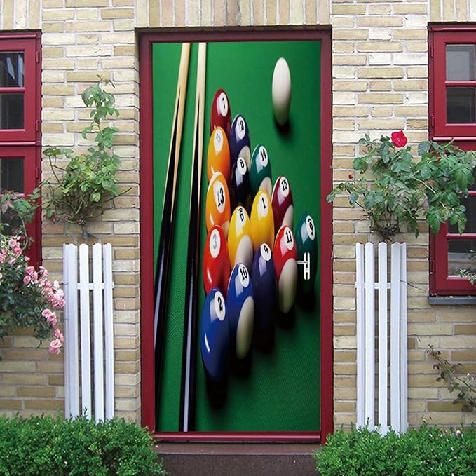A.Monamour 3D Door Stickers for Interior Doors Billiard Balls and Billiard Cue on Green Table Vinyl Waterproof Self Adhesive Door Mural Decals for Bedroom Office Bathroom 90x200cm