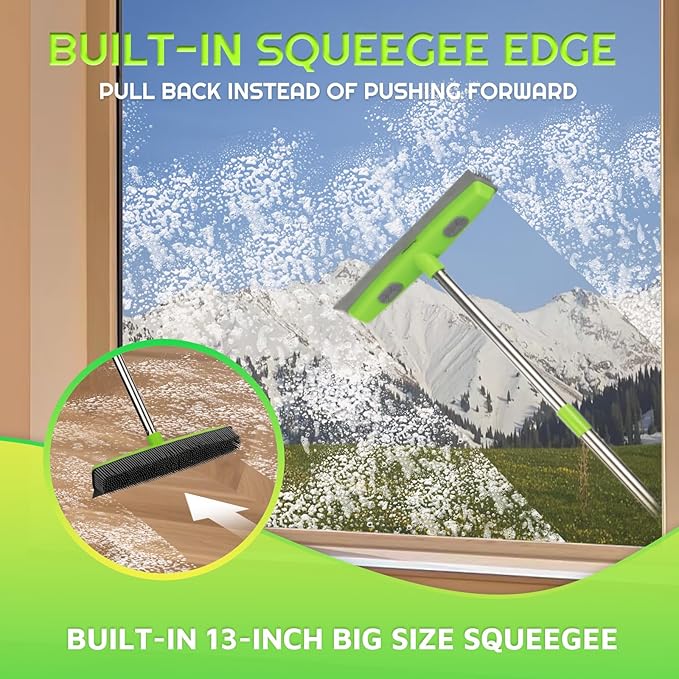 Carpet Rake,Rubber Broom for Pet Hair Removal with 61" Long Handle,2 Microfiber Cloths, Built-in Squeegee & Pet Brush, 4 in 1 Hair Remover for Rugs, Carpets,Tiles,Couches - Green
