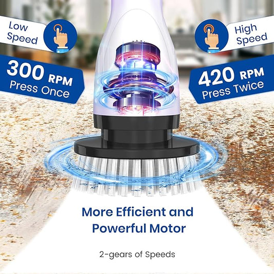 Electric Spin Scrubber, Full-Body IPX7 Waterproof Cordless Shower Scrubber with 4 Replaceable Heads, Upgraded Extension Handle, 2H Work Time, 2 Speeds for Bathroom Shower Tile Glass