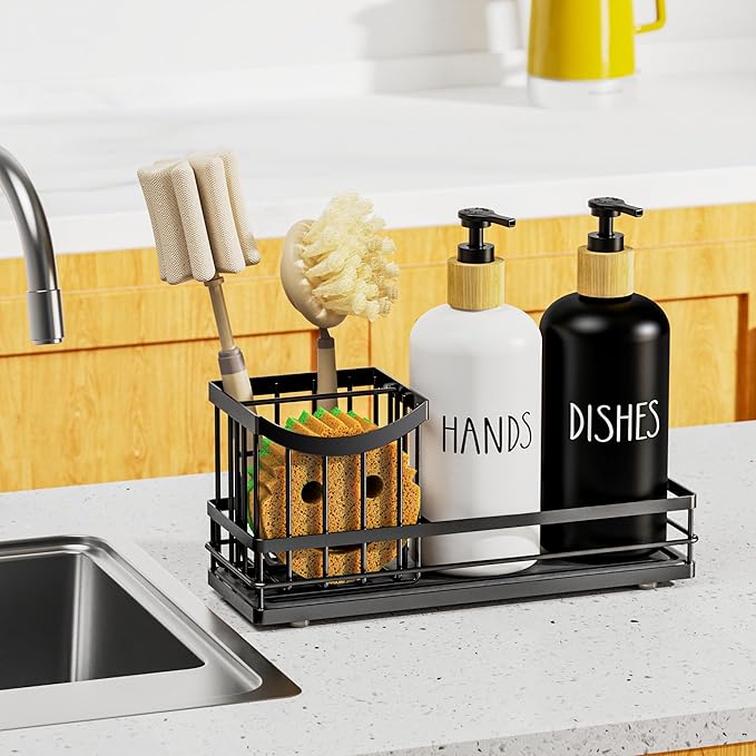 Moforoco Kitchen Dish Soap Dispenser Set, 16OZ Glass Bottle, Hand and Dish Soap Dispenser Set, Instant Dry Tray, Non-Slip Silicone Pad, Brush Holder with Sponge Holder, Kitchen Decor
