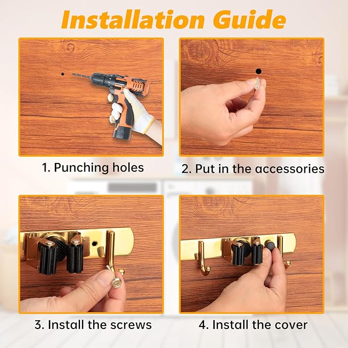 3 Racks and 4 Heavy Duty Hooks Mop and Broom Holder Wall Mount, Non-slip Organizer Storage Utility Tool Racks for Garage,Kitchen,Laundry Room,Garden. Gold