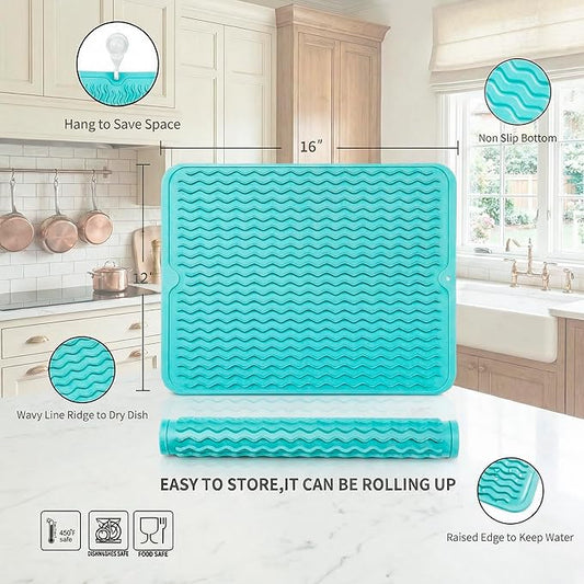 MicoYang Silicone Dish Drying Mat for Multiple Usage,Easy clean,Eco-friendly,Heat-resistant Silicone Mat for Kitchen Counter or Sink,Refrigerator or drawer liner Mint L 16 inches x 12 inches
