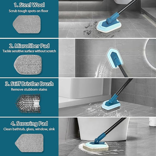 JEHONN Tub Tile Shower Scrubber Brush with Telescopic 51 inches Long Handle, 4 Different Cleaning Heads for Bathroom Bathtub Sink Floor Wall Baseboard (Blue)