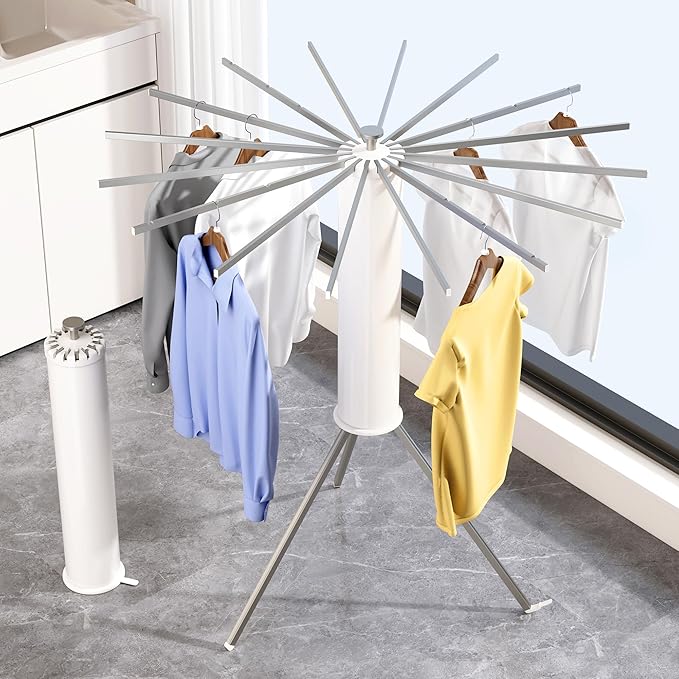 Tripod Clothes Drying Rack, Laundry Drying Rack for Clothing, Foldable Collapsible Space-Saving Umbrella Dryer with 16 Rods, Floor Standing Rack for Indoor Outdoor Use, Aluminum